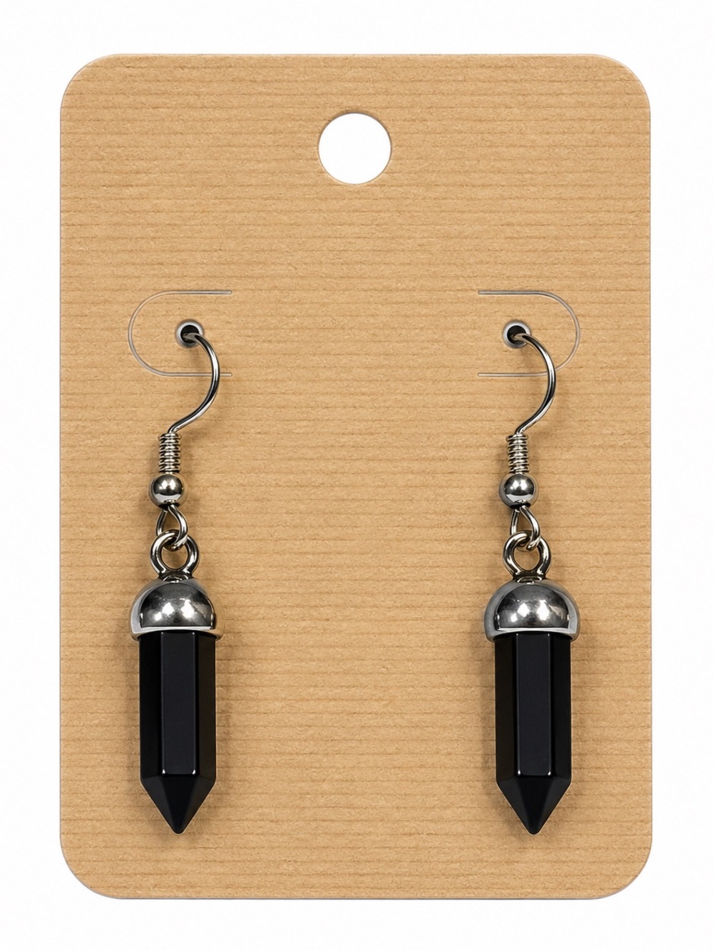 Black Crystal Point Drop Earrings with Silvertone Caps
